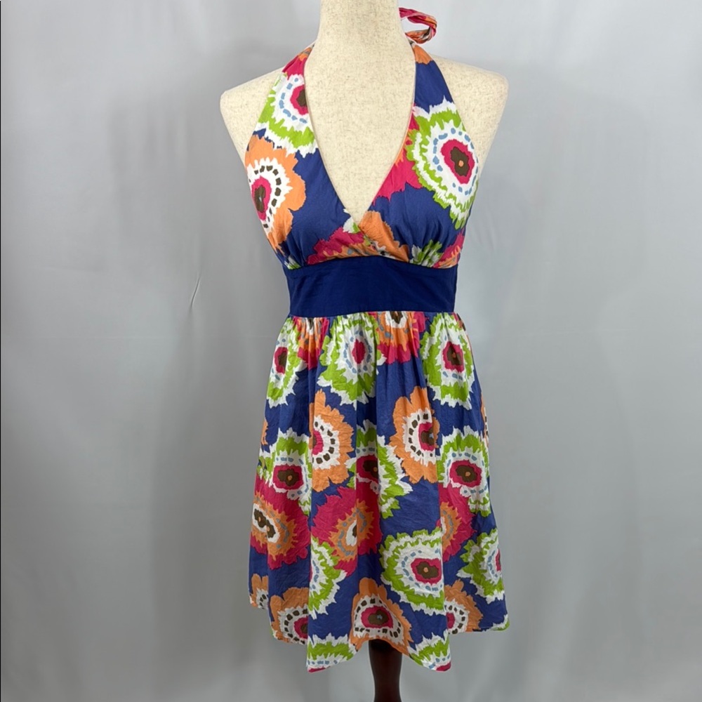 Vexty Colorful, Blue, Orange, Green, Pink Halter Neck Dress, Size M